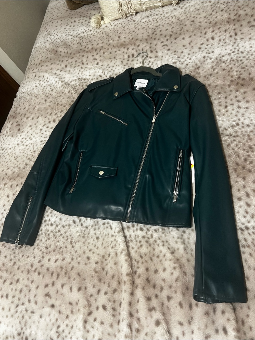Nine West Dark Green Moto-Style Leather Jacket